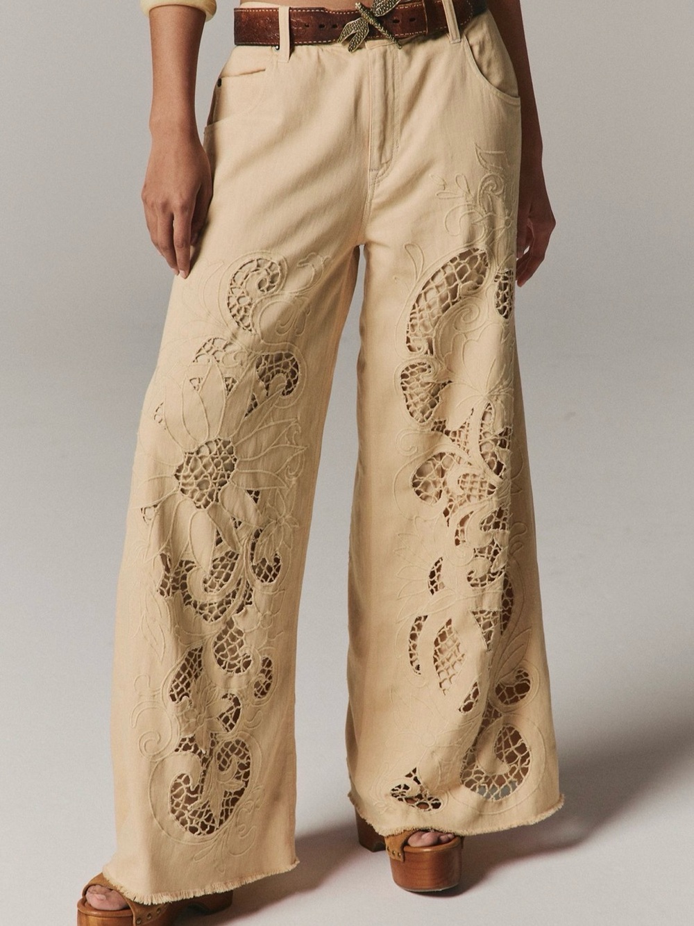 Free People Cut To The Chase Flare Jeans We The Free Embroider Cutwork Lace Tan - Picture 5 of 7